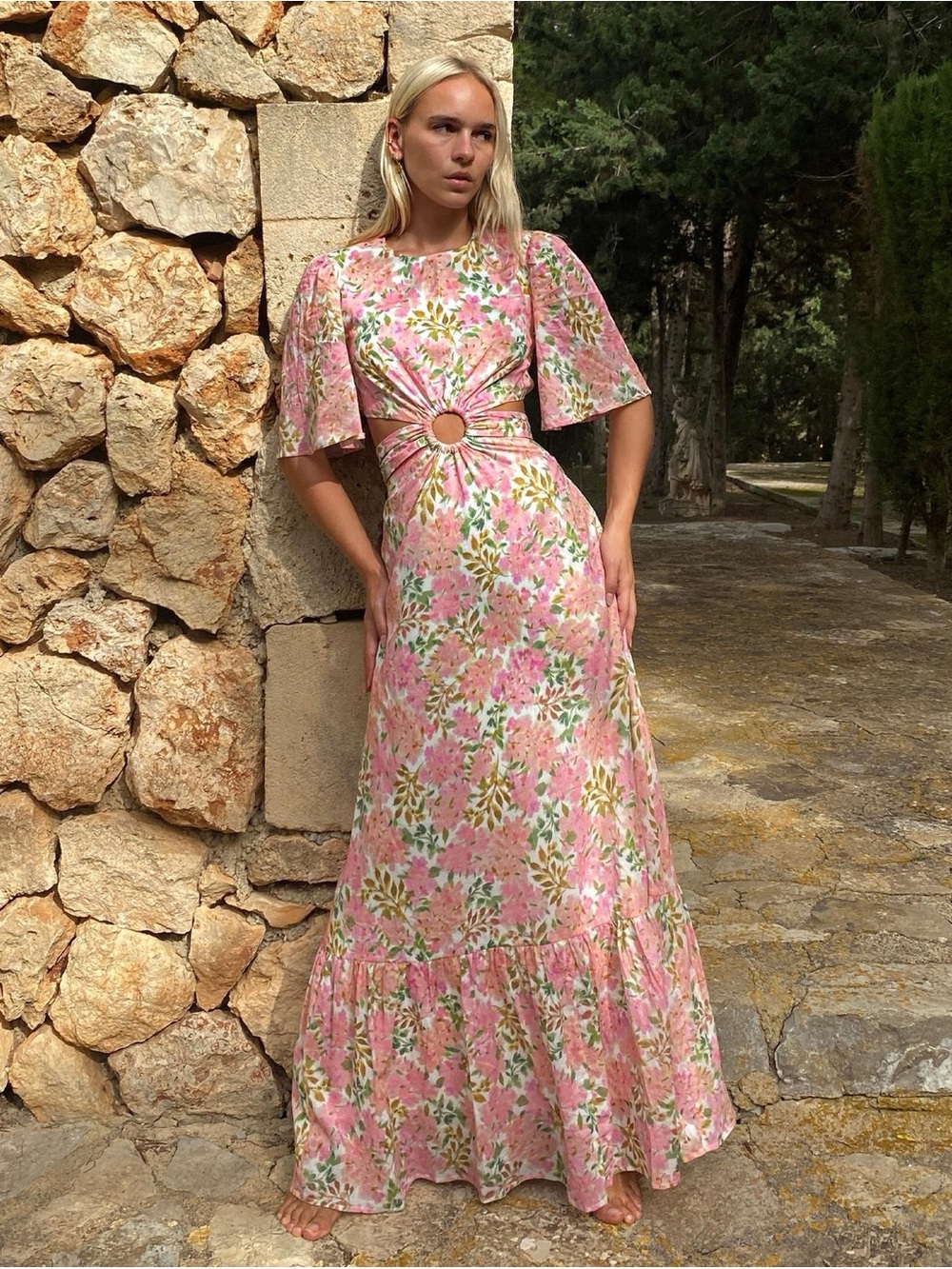 Hansen & Gretel Floral Pink Maxi Dress with Ring Waist - medium